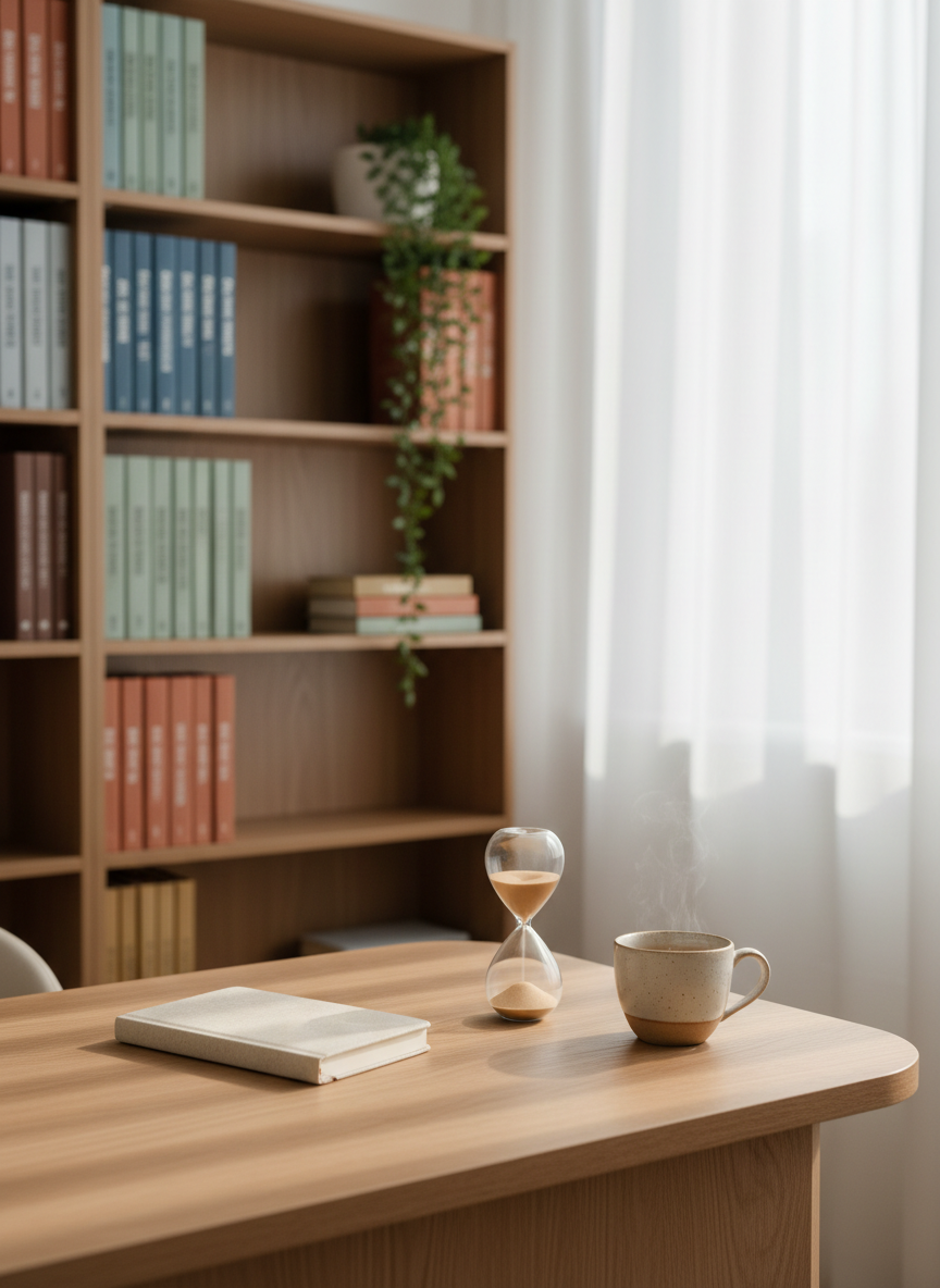 A calm psychotherapy workspace without any people, featuring a simple oak desk with rounded edges and a closed notebook, sand hourglass, and ceramic cup of herbal tea arranged with gentle order. Behind, a tall bookshelf holds neatly spaced psychology and spirituality books in muted blues and earth tones, with a single leafy plant cascading down. Soft afternoon daylight filters through sheer white curtains, creating diffused, photographic realism with gentle shadows. Shot at eye level with a shallow depth of field, the foreground objects in crisp focus and the background softly blurred. The mood is safe, grounded, and professional, suggesting reflection and mindful conversation in a clean, modern, humanistic therapy environment.