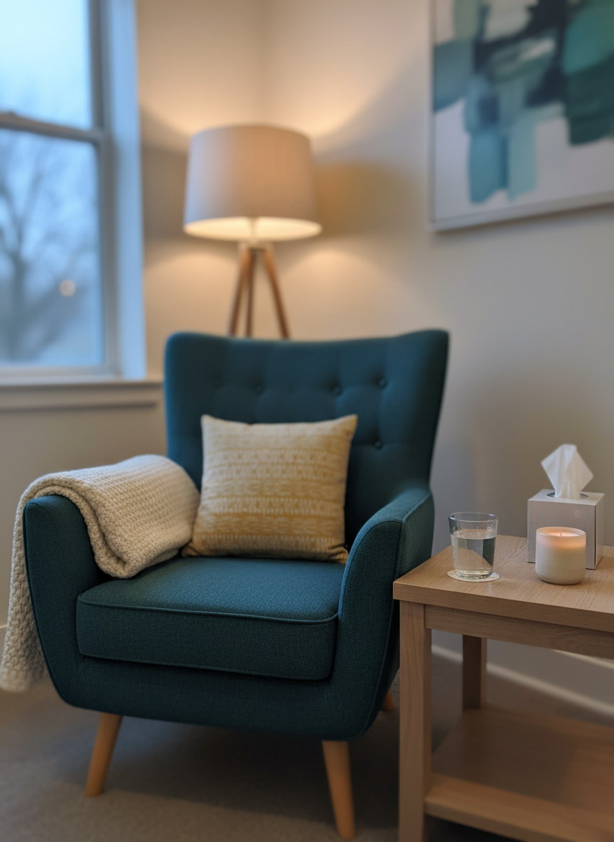 A comfortable corner of a therapy room with no people, centered on a deep teal fabric armchair with a textured wool throw folded over one arm and a small cushion in soft mustard tones. Next to it stands a light ash-wood side table holding a glass of water, a box of tissues, and a small candle in a matte ceramic holder. Warm, indirect lamp light and faint evening daylight from a nearby window blend to create a cozy, serene glow. Photographic realism, captured from a slightly elevated angle using the rule of thirds, with a gentle bokeh background of neutral walls and a framed abstract artwork in blues and greens, conveying safety, acceptance, and emotional warmth.